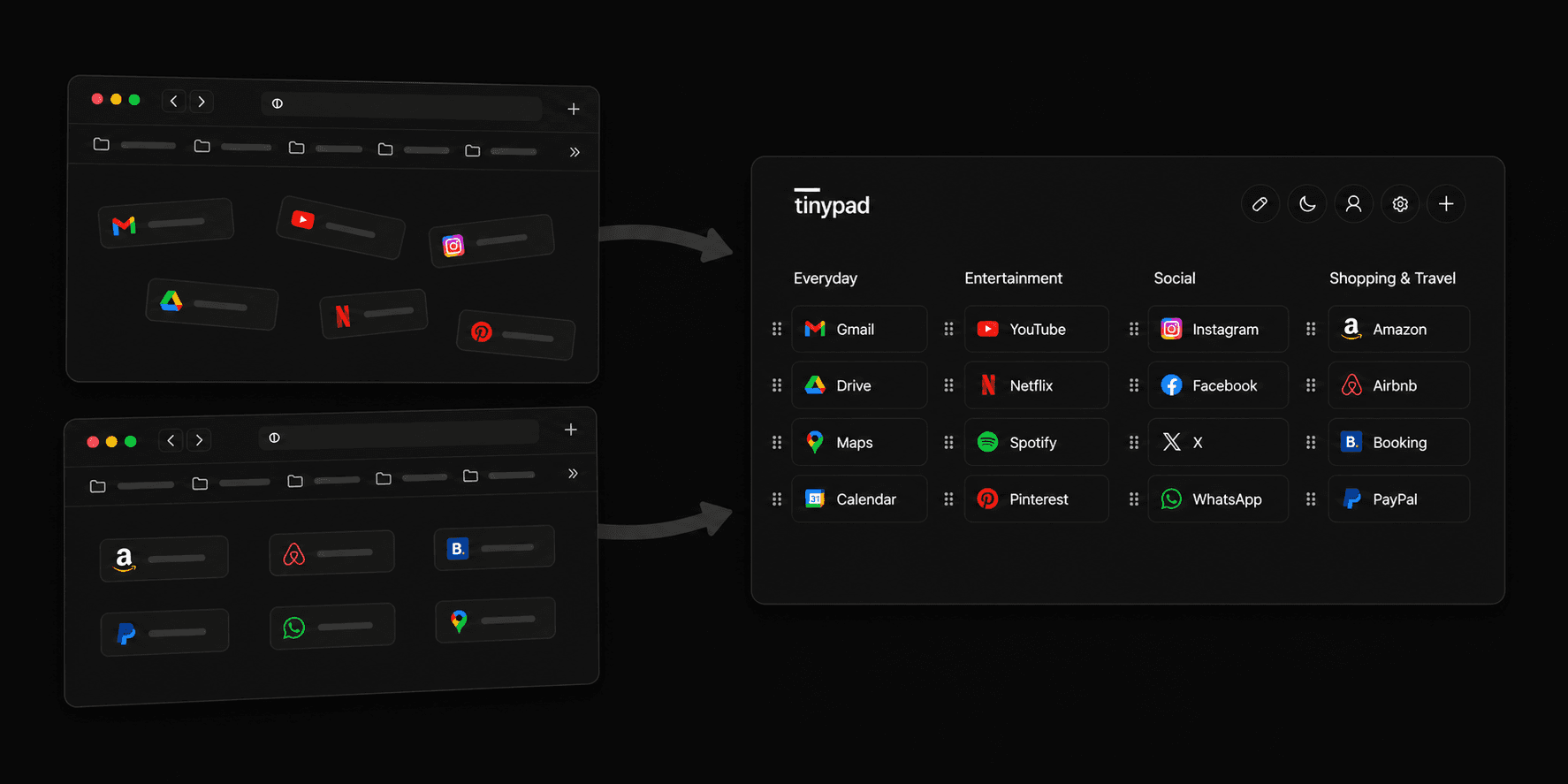 Browser bookmarks consolidated into one organized tinypad launchpad
